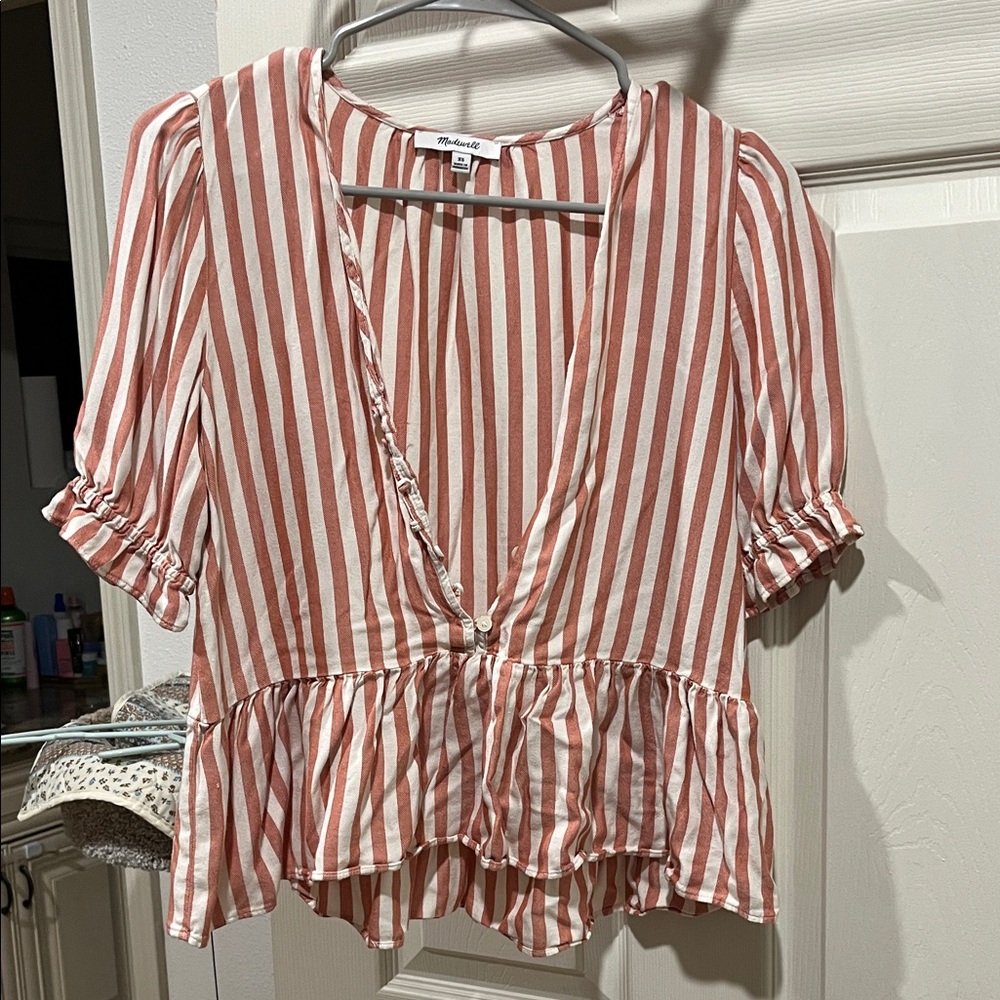 Madewell Red and White Striped Ruffle Blouse